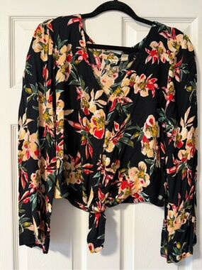 Roxy Black Floral Tie-Front Blouse with Multicolor Blooms